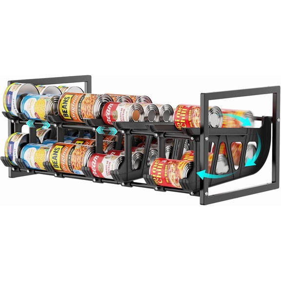 Expandable Can Organizer for Pantry, Large Capacity 60 Cans Can Storage Organizer Pantry Rack, Auto Rolling Dispenser & Stackable Metal Wire Holder for Deep Pantry Shelves, Black