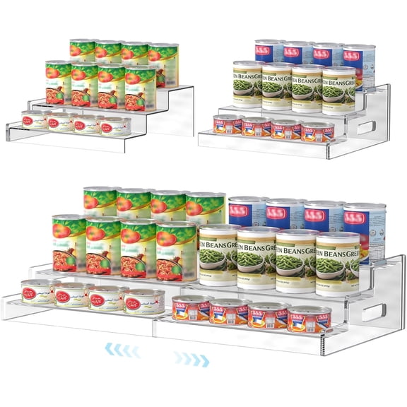 Expandable Can Rack Organizer for Pantry, 3-Tier Adjustable Can Storage Holder, Holds Up to 24 Cans, Acrylic Canned Food Organizer for Pantry, Cabinet, Countertop, Kitchen