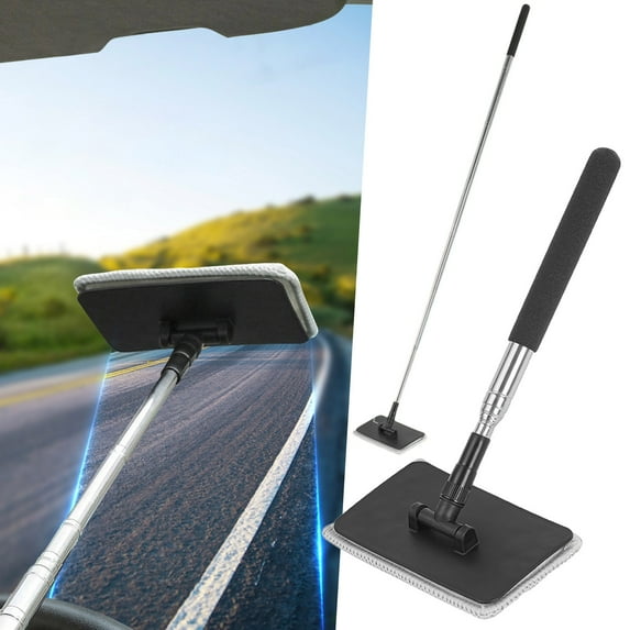 Expandable Car Windshield Cleaner Tool with Microfiber Pads - 180° Rotating Head, Retractable Aluminum Alloy Pole (24.5-100cm), Interior/Exterior Window Cleaning Brush for Auto & Home Use