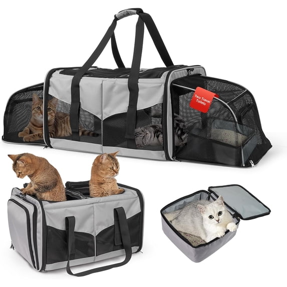 Expandable Cat Carrier for 2 Cats, Double Compartment Large Pet Carrier for Long Distance Car Travel, Includes 2 Portable Litter Boxes, Foldable Multi-Cat Travel for Road Trips & Camping, Gray