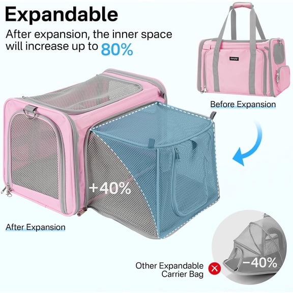Expandable Cat Carrier, Airline Approved Soft Sided Pet Carrier for Cats & Small Dogs Up to 15 lbs, with Locking Safety Zippers & Cozy Fleece Pad, Portable for Car & Vet Visits, Pink