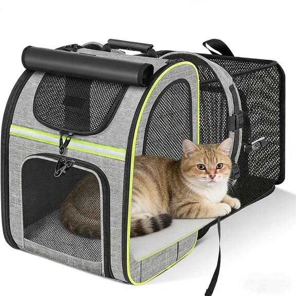 Expandable Cat Carrier Backpack, Foldable Breathable Pet Backpack for Cats & Small Dogs Up to 11lbs, with 4-Side Mesh, Multi-Entry & Lockable Zippers, Hands-Free Bag for Travel, Hiking and Camping
