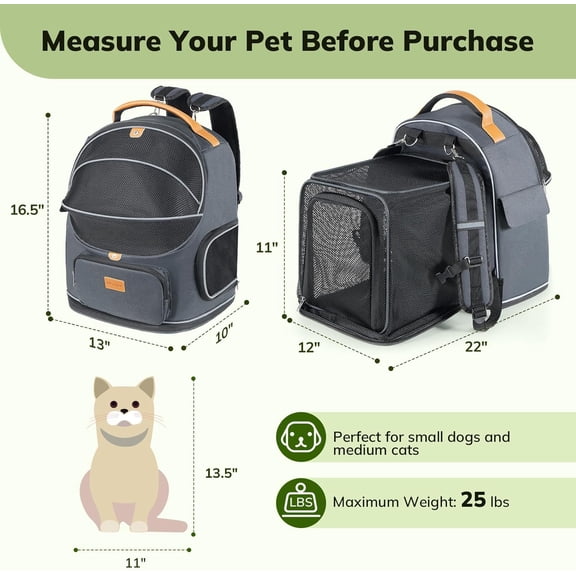 Expandable Cat Carrier Backpack for Small Dogs & Cats Up to 25lbs, Breathable Mesh Pet Travel Backpack with Safety Leash, Foldable Airline Approved Carrier for Hiking Camping Outdoor, Grey
