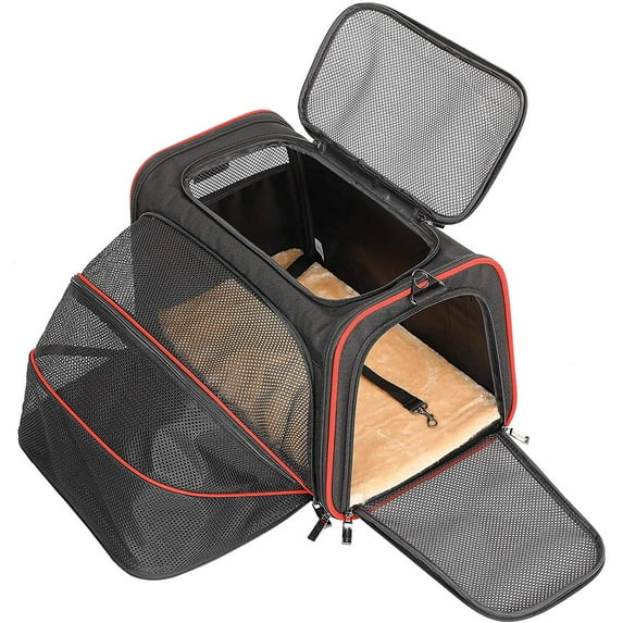 Expandable Cat Carrier Dog Carriers,Airline Approved Soft-Sided Portable Pet Travel Washable Carrier for Kittens,Puppies,Removable Soft Plush mat and Pockets,Locking Safety Zippers Black