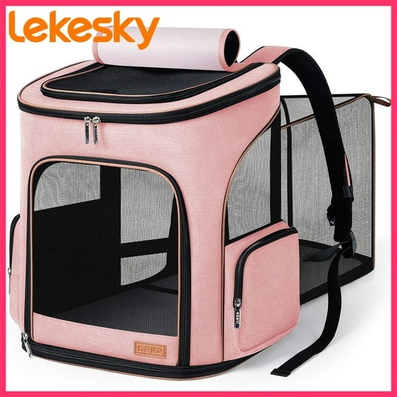 Lekesky - Expandable Pet Carrier Backpack for Cats & Small Dogs (Up to 25 lbs) - Travel, Hiking | Pink, Grey, Blue, Black, Stripes
