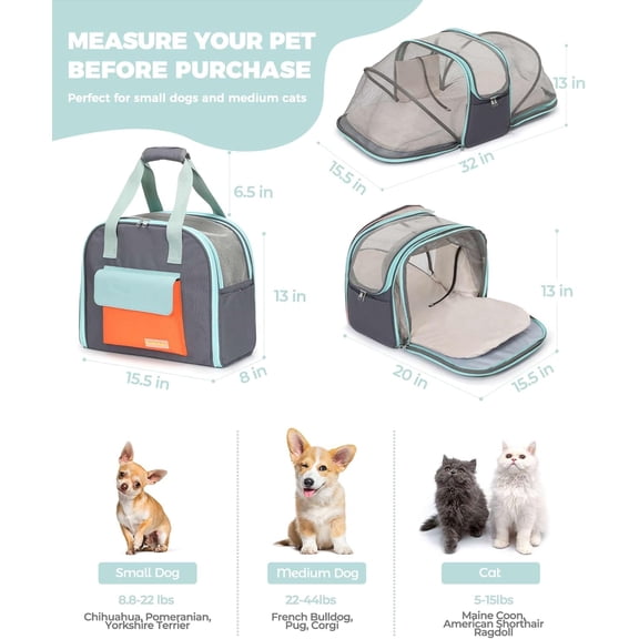 Expandable Cat & Small Dog Carrier Backpack, Soft-Sided Airline-Approved Pet Travel Bag with Dual-Side Expansion, Under-Seat Fit, Breathable Mesh, for Hiking, Vet Visits & Trips (Up to 22 lbs)