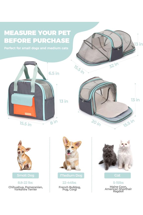 Expandable Cat & Small Dog Carrier Backpack, Soft-Sided Airline-Approved Pet Travel Bag with Dual-Side Expansion, Under-Seat Fit, Breathable Mesh, for Hiking, Vet Visits & Trips (Up to 22 lbs)