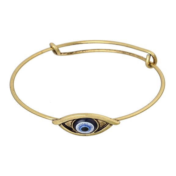 Expandable Charm Bangle Bracelet, Double Bar, Eye Gold Tone Blue Resin