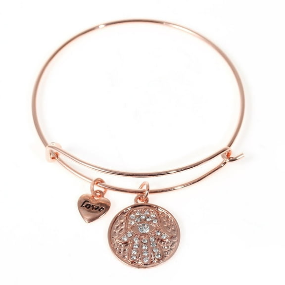 Expandable Charm Bangle Rose Gold Tone Round Heart Pendants Hamsa Hand and " LOVE " Carved Clear Rhinestone