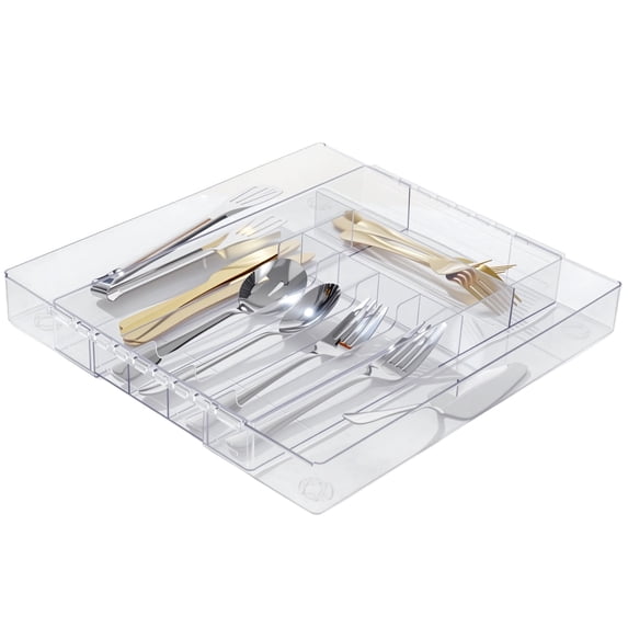 Acrylic Kitchen Drawer Organizer, Expandable Silverware Holder, Utensil & Cutlery Tray with Knife Storage, Flatware Utensils Holder, 7 to 9-Compartment Kitchen Drawer Organizer for Spoon