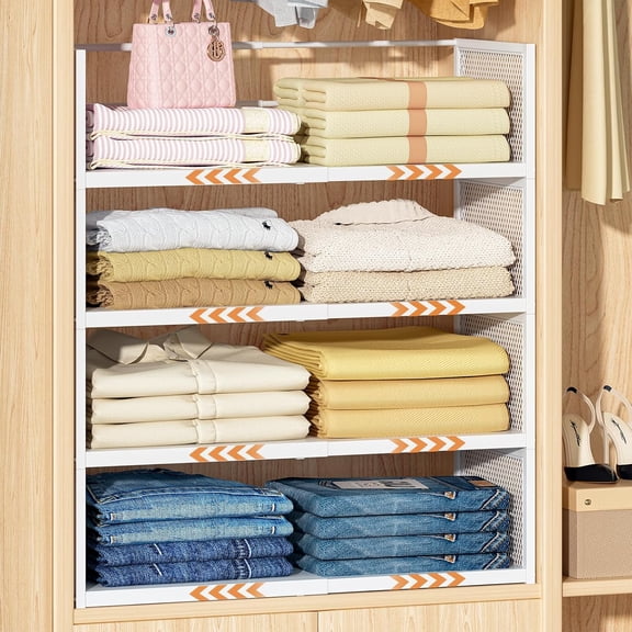Expandable Closet Organizers and Storage, 2 Pack Stackable Shelves, Metal Clothes Sweater Shelf Organizer for Closet, Multifunctional Storage Basket Office Bathroom Bedroom Dressing, White