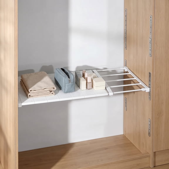 Expandable Closet Tension Shelf Storage Rack for Wardrobe - No Drill Heavy Duty Adjustable Divider for Bedroom Cabinets, Pantry & RV Shelves