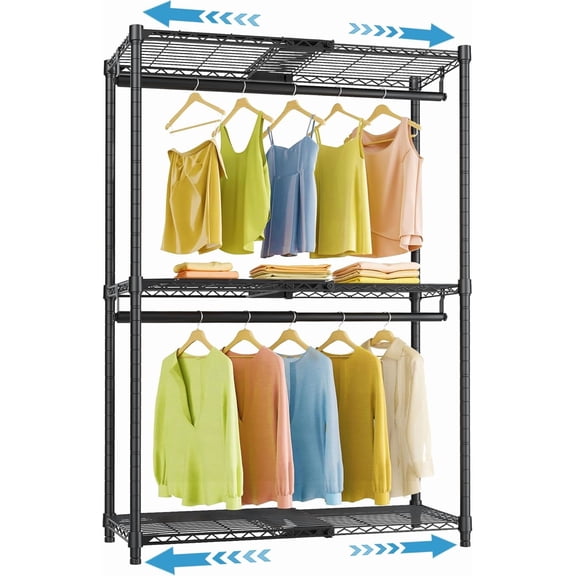 Expandable Clothes Rack Heavy Duty Adjustable from 2' to 3'5" with Adjustable Shelves and Hanger Rods, Reach-in & Walk-in Closets Metal Garment Racks Portable Closet, Black