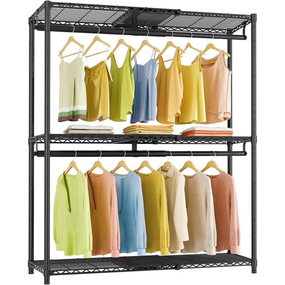 Expandable Clothes Rack Heavy Duty Adjustable from 2' to 3'5" with Adjustable Shelves and Hanger Rods, Reach-in & Walk-in Closets Metal Garment Racks Portable Closet, Black