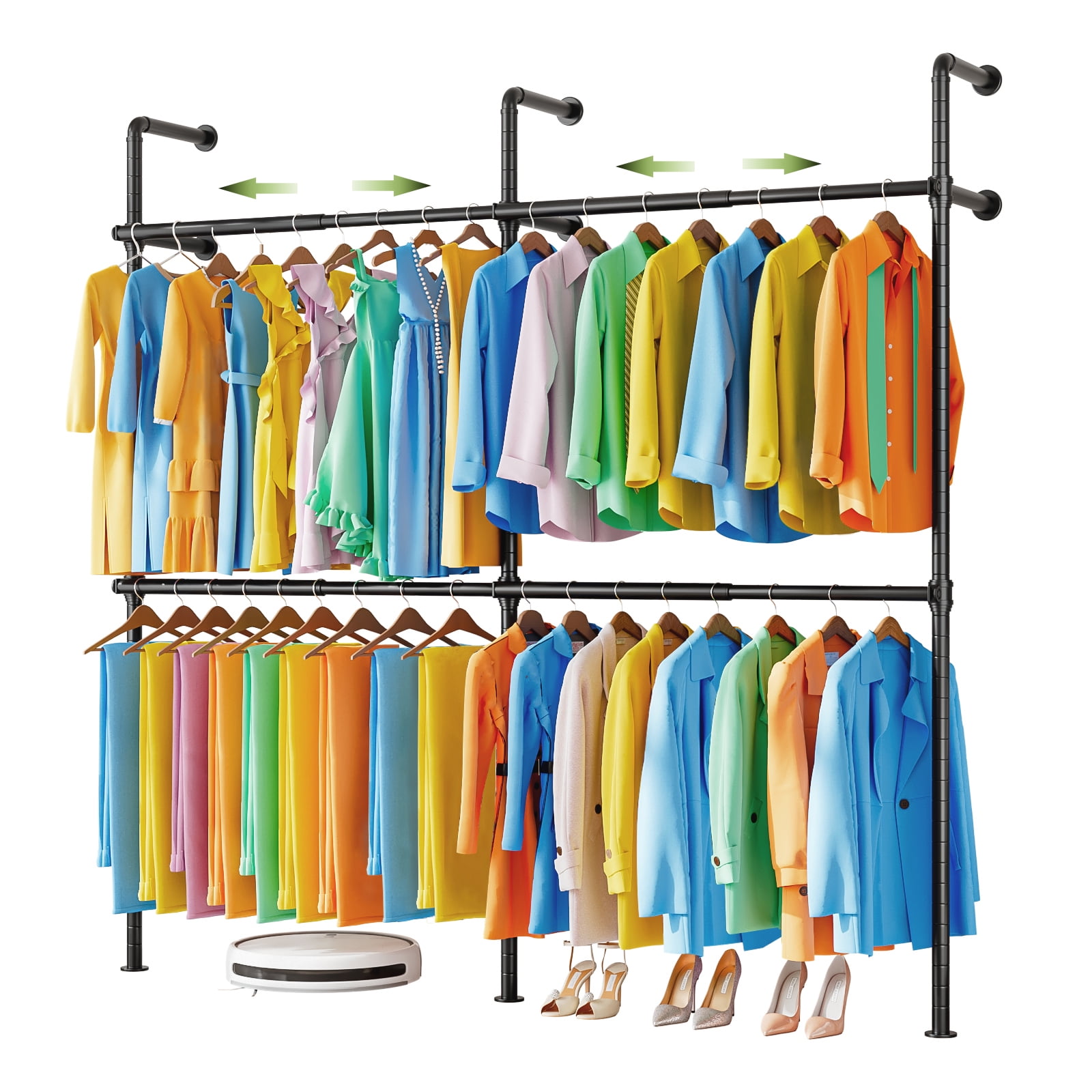 Forthcan Expandable Pipe Clothes Racks Wall Mounted Closet Rods For Hanging Clothes Industrial Pipe Clothing Rack with 4 Rods