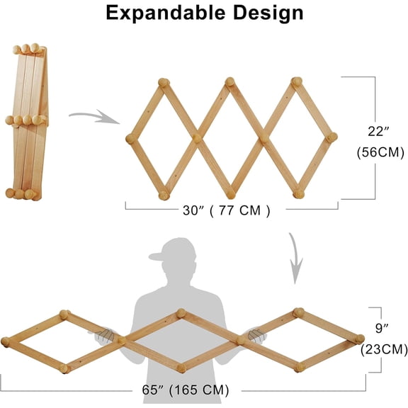 Expandable Coat Rack (Larger Version) - 24" High, Anti-Slip, Ultra Heavy Duty Wooden Accordian Wall Hanger with 10 Study Peg Hooks for Clothing Hats Jackets Bags, Black/Natural