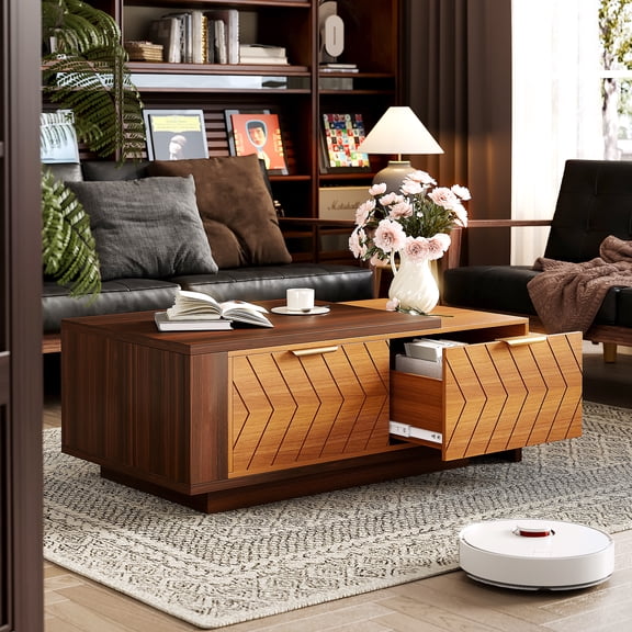 Expandable Coffee Table with Storage, 42''-65'' Two-Tone Wood Coffee Table with 2 Drawers for Living room