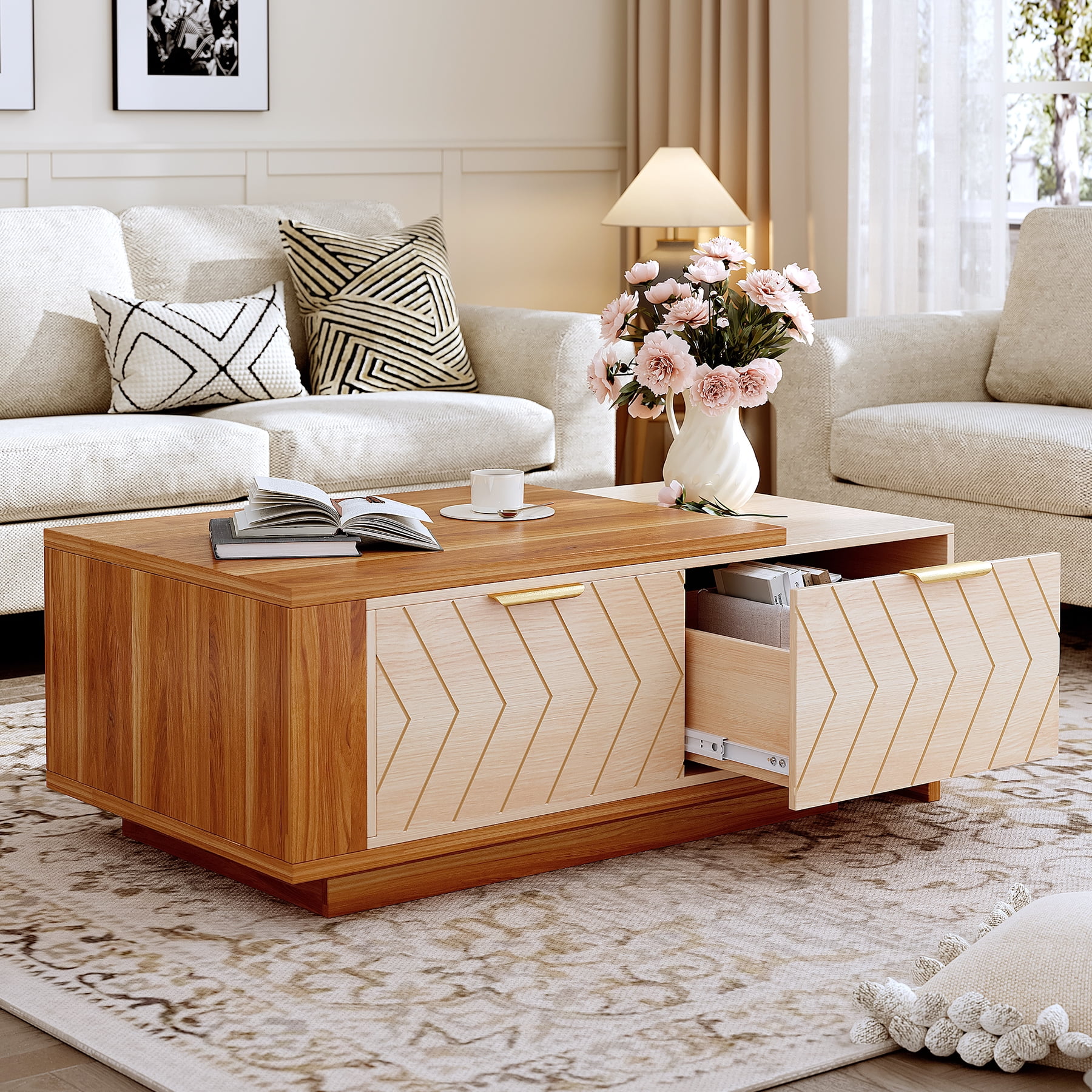 Expandable Coffee Table with Storage, 42''-65'' Two-Tone Wood Coffee Table with 2 Drawers for Living room