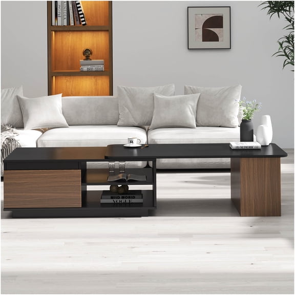 Expandable Coffee Table with Storage Drawers, Adjustable Length Wood Center Table for Living Room, Walnut Brown