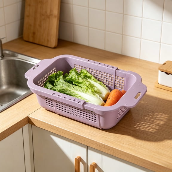 Expandable Colander Basket, Adjustable Plastic Over Sink Strainer with Sturdy Build for Washing Produce, Draining Pasta, and Collapsible Kitchen Storage