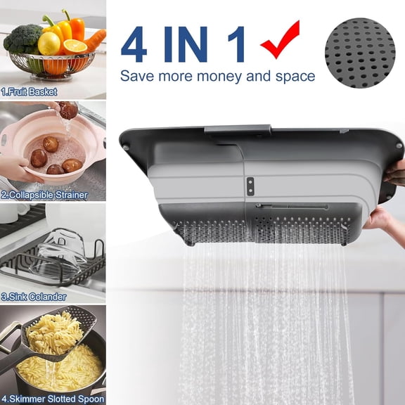 Expandable Collapsible Colander, Silicone Over-the-Sink Foldable Strainer, Large Adjustable Kitchen Basket 15"-19.8" for Washing Fruits & Vegetables, Gray