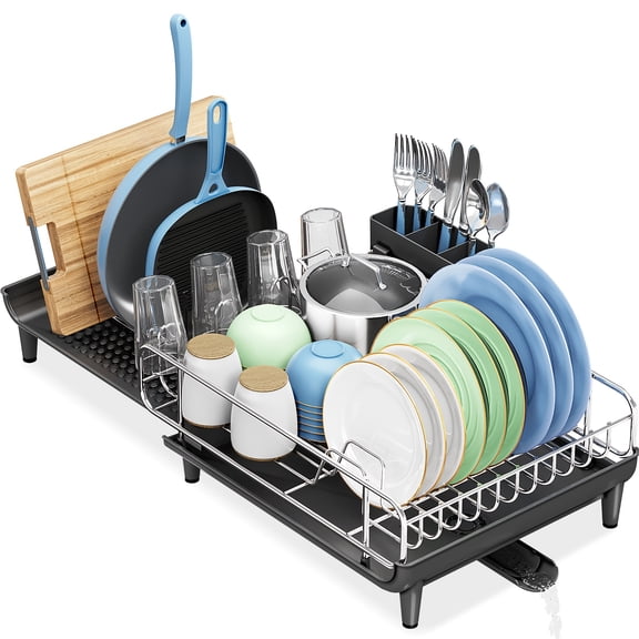 Expandable Collapsible Dish Drying Rack - Stainless Steel Dish Drainer with Cup/Utensil/Pan Holder, Food Contact Safe for Holiday & Daily Kitchen Counter Use