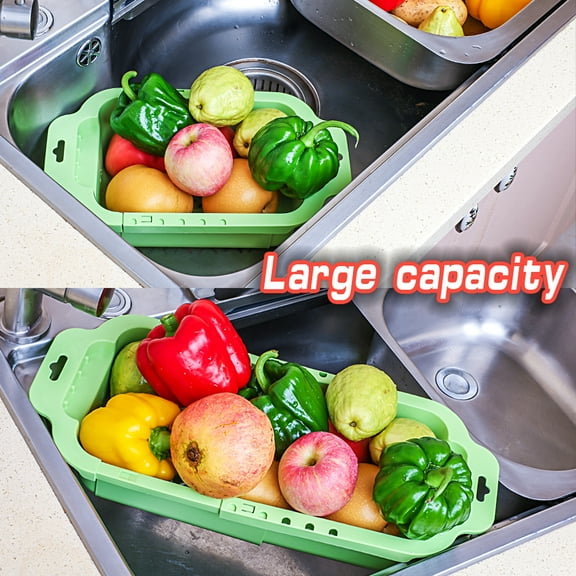 Expandable Collapsible Drain Basket Set - Food Safe Material, Durable Shatterproof Kitchen Colander for Washing Fruits Vegetables Rice, Adjustable Size Bright Colors Transparent DesignGREEN)