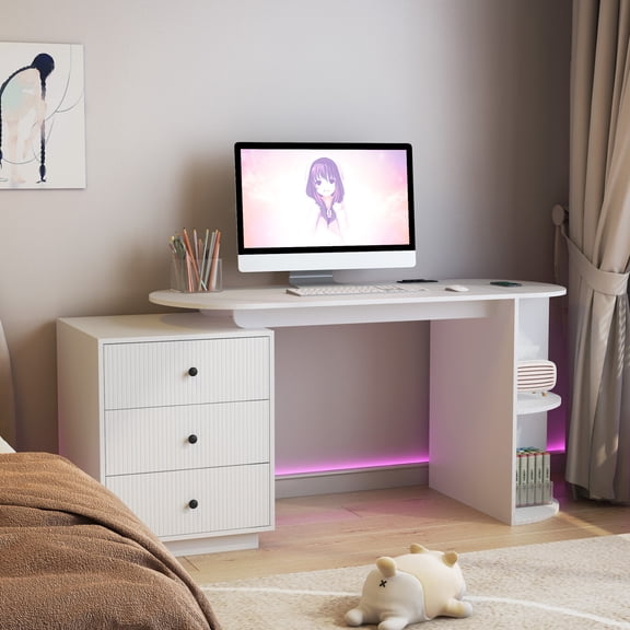 Expandable Computer Desk with Storage Drawers and Bookshelf, Wood Home Office Desk with Power Outlet for Laptop Writing Study Work