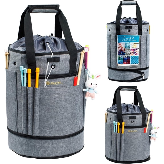Expandable Crochet Bag Organizer - Yarn Storage Tote, Holder for Crocheting, Accessories, Drawstring Closure