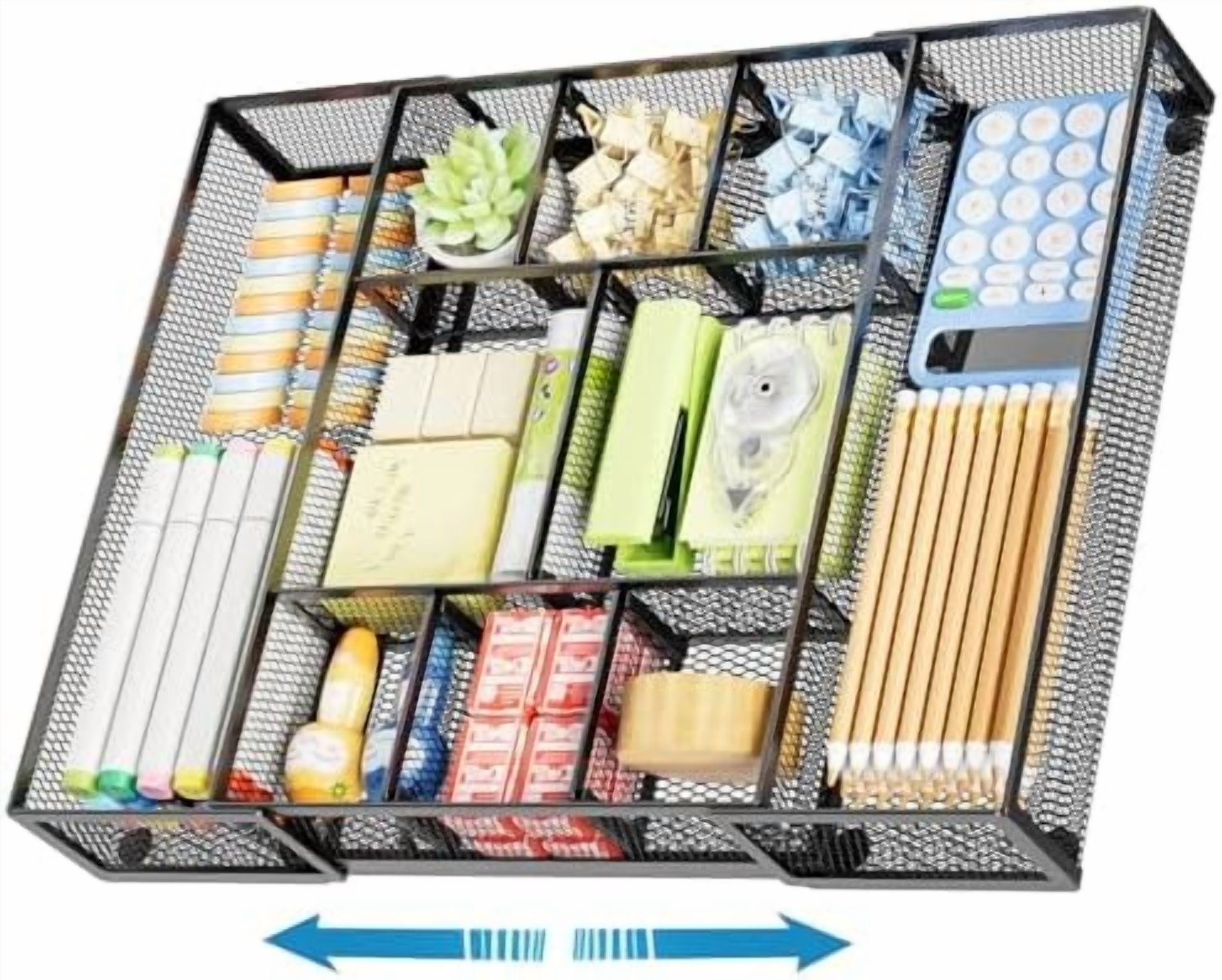 Expandable Desk Drawer Organizer, Mesh Drawer Organizer Tray with 10 Adjustable Compartments, Desk Organizers and Accessories, 5 Dividers Drawer for Office Supplies, Makeup & Vanity (Black)