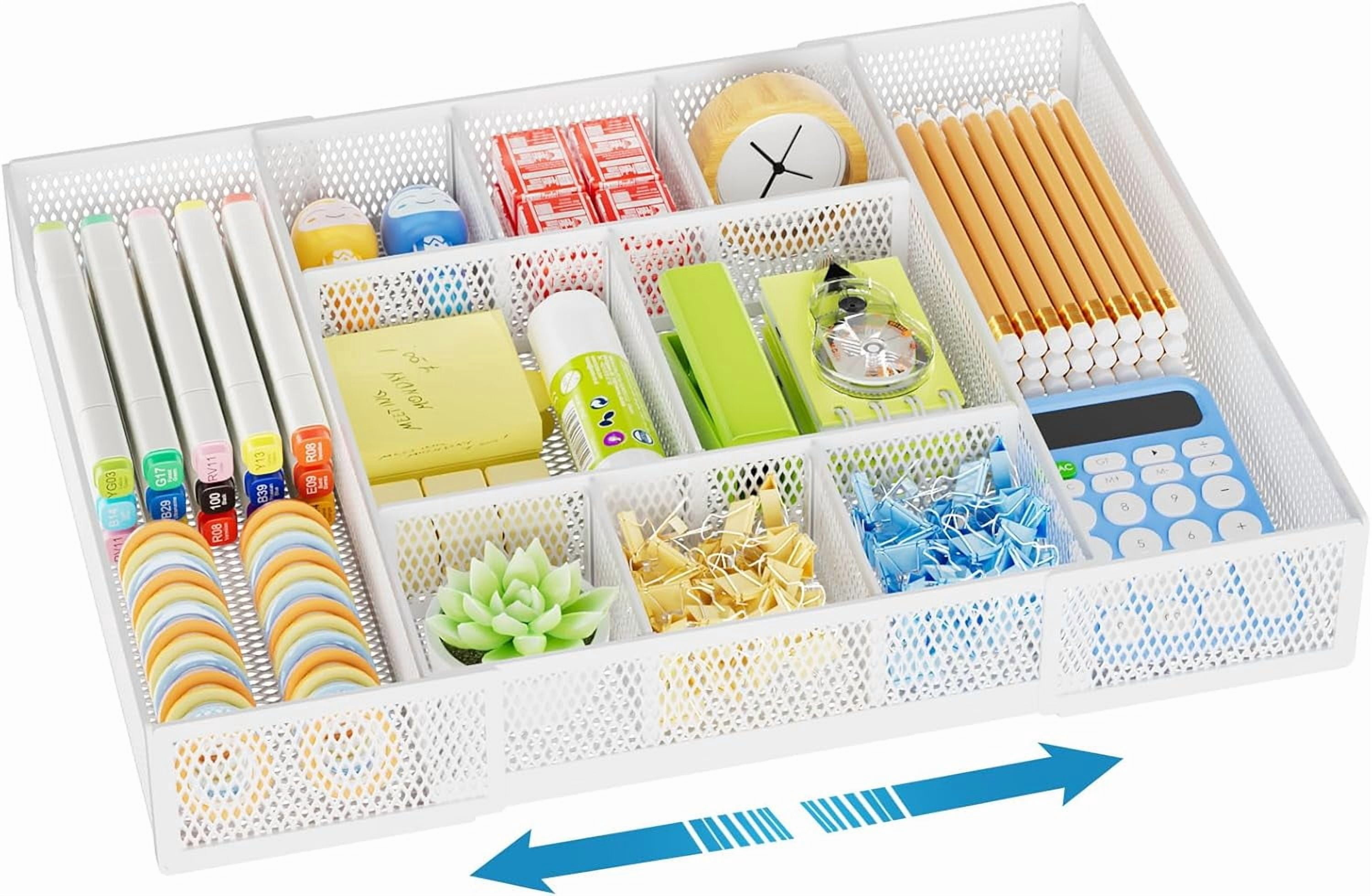 Expandable Desk Drawer Organizer, Mesh Drawer Organizer Tray with 10 Adjustable Compartments, Desk Organizers and Accessories, 5 Dividers Drawer for Office Supplies, Makeup & Vanity (White 2pack)