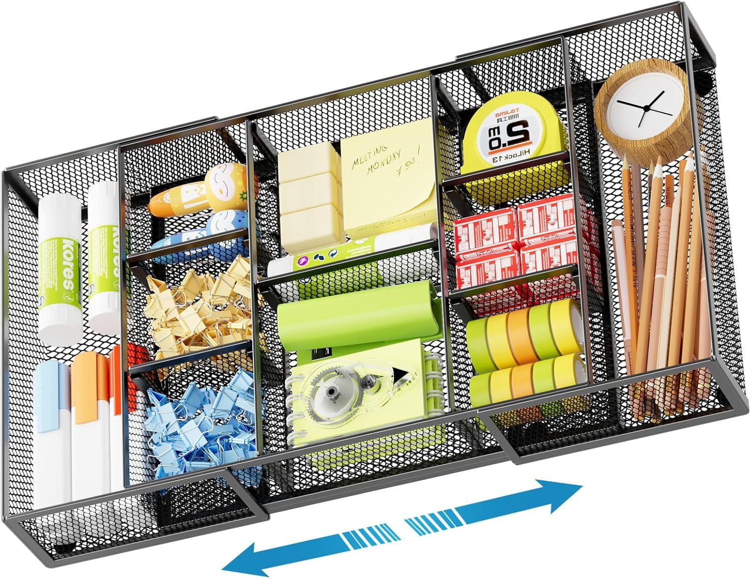 Expandable Desk Drawer Organizer, Mesh Drawer Organizer Tray with 10 Adjustable Compartments, Desk Organizers and Accessories for Office Supplies (Longer Expandable Drawer Organizer-B 2pack)