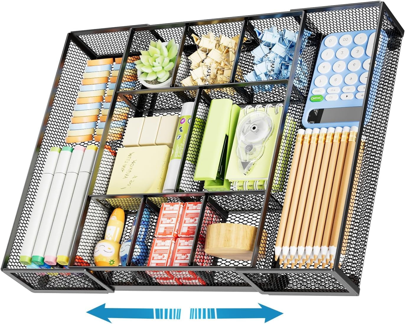 Expandable Desk Drawer Organizer, Mesh Drawer Organizer Tray with 10 Adjustable Compartments, Desk Organizers and Accessories, 5 Dividers Drawer for Office Supplies, Makeup & Vanity (Black 2 pack)