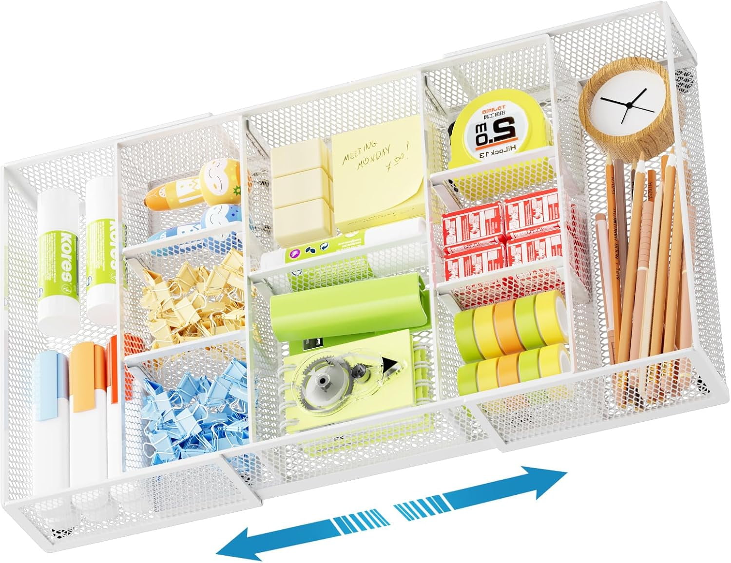 Expandable Desk Drawer Organizer, Mesh Drawer Organizer Tray with 10 Adjustable Compartments, Desk Organizers and Accessories for Office Supplies (Longer Expandable Drawer Organizer-W 2pack)