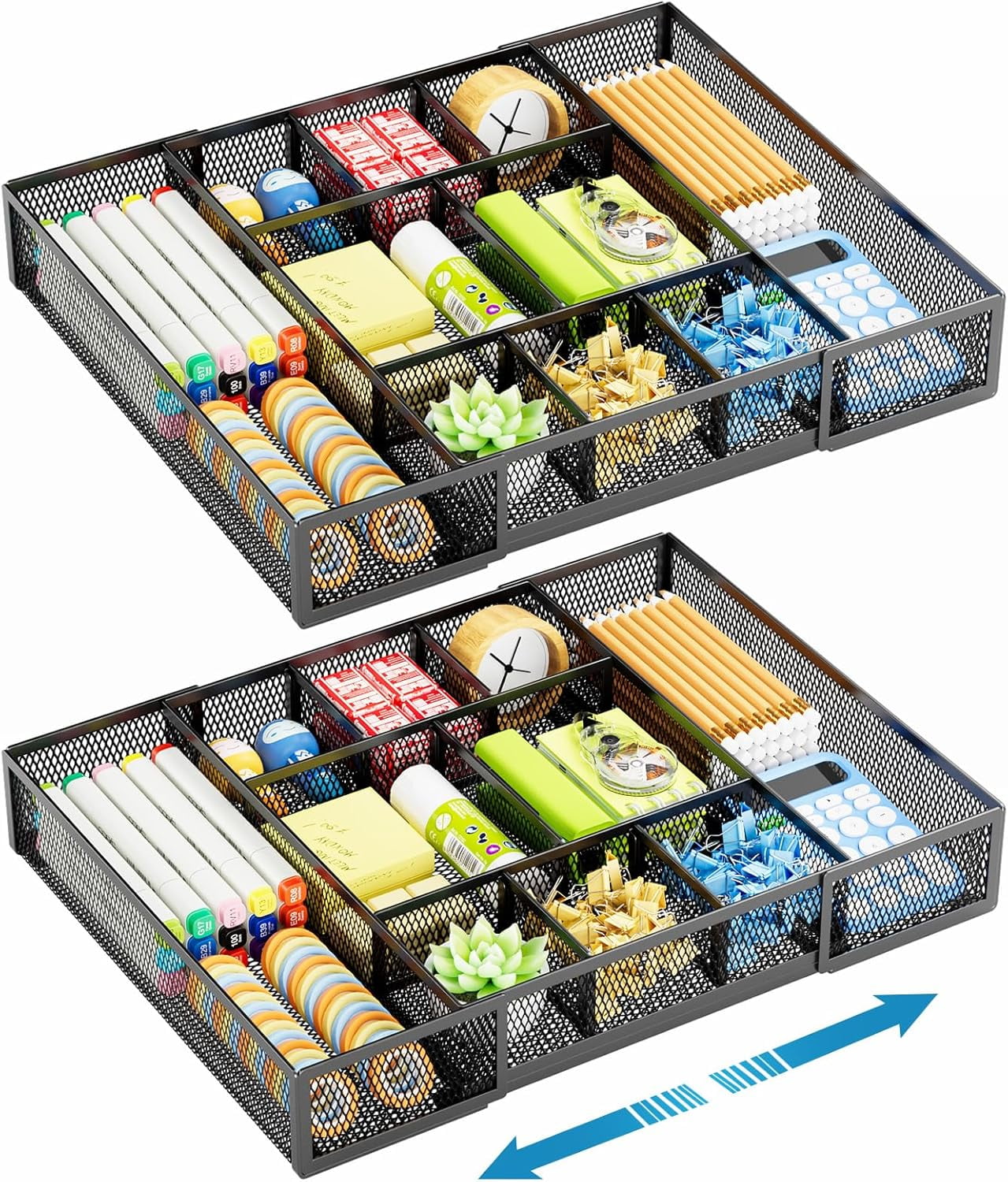 Expandable Desk Drawer Organizer, Mesh Drawer Organizer Tray with 10 Adjustable Compartments, Desk Organizers and Accessories for Office Supplies, Makeup & Vanity (Expandable Black-2 pack)