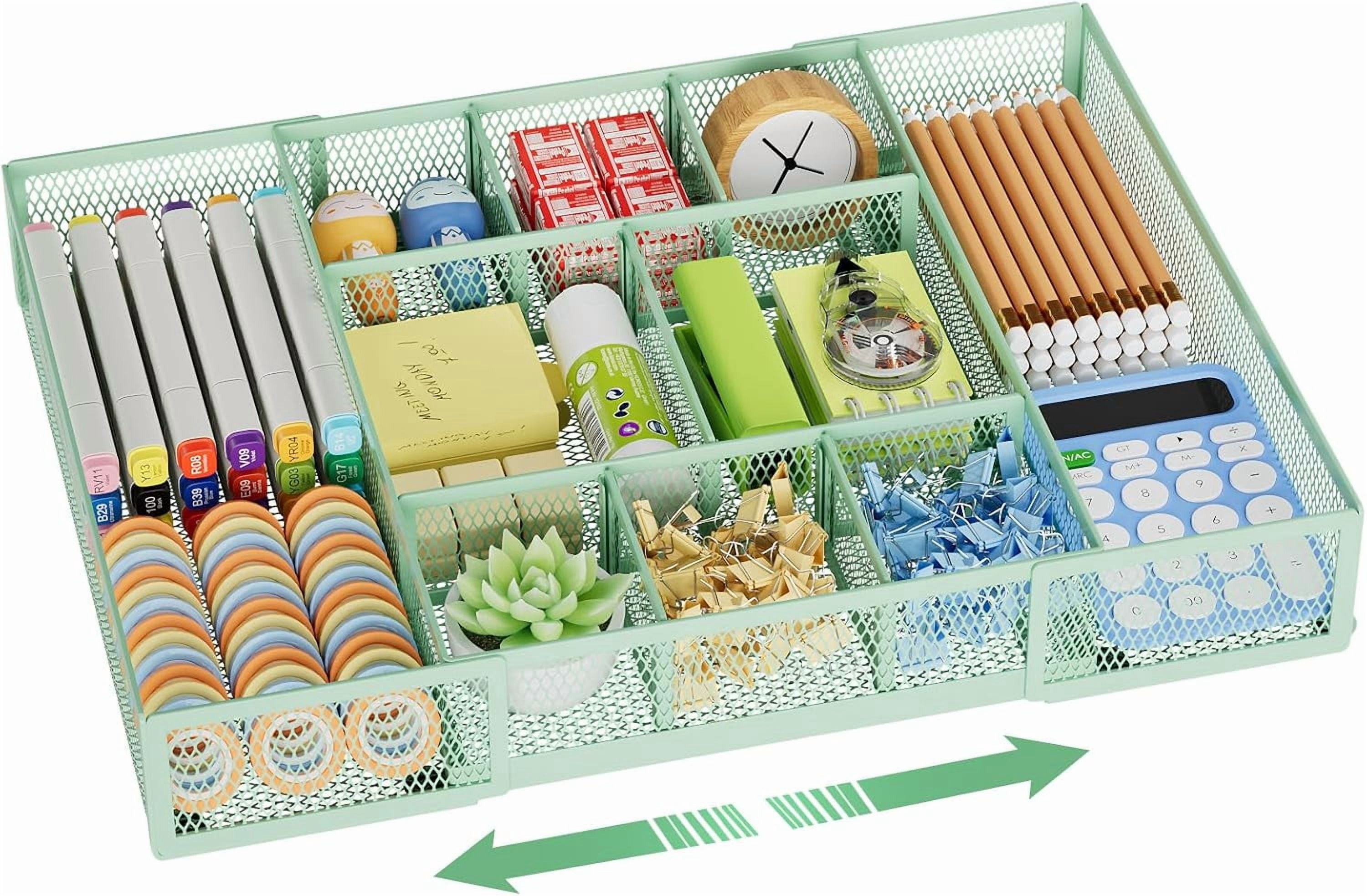 Expandable Desk Drawer Organizer, Mesh Drawer Organizer Tray with 10 Adjustable Compartments, Desk Organizers and Accessories for Office Supplies, Makeup & Vanity (Expandable-Green 2pack)