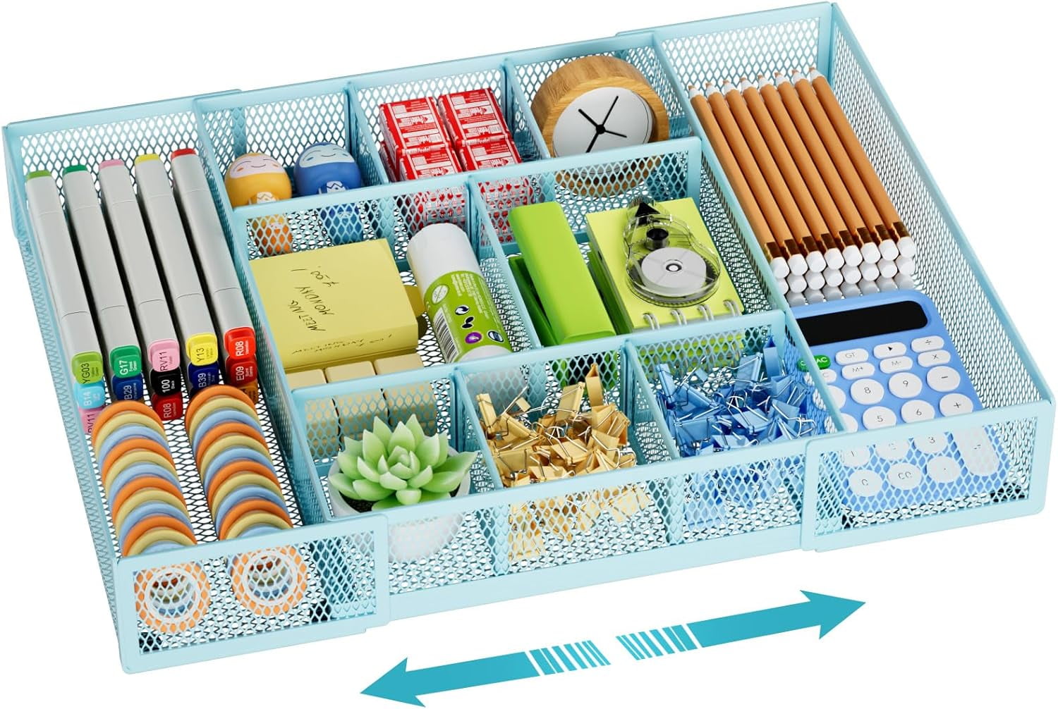 Expandable Desk Drawer Organizer, Mesh Drawer Organizer Tray with 10 Adjustable Compartments, Desk Organizers and Accessories for Office Supplies, Makeup & Vanity (Expandable-Blue 2 pack)