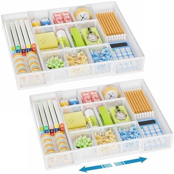 Expandable Desk Drawer Organizer, Mesh Drawer Organizer Tray with 10 Adjustable Compartments, Desk Organizers and Accessories for Office Supplies, Makeup & Vanity (Expandable White-2 pack)