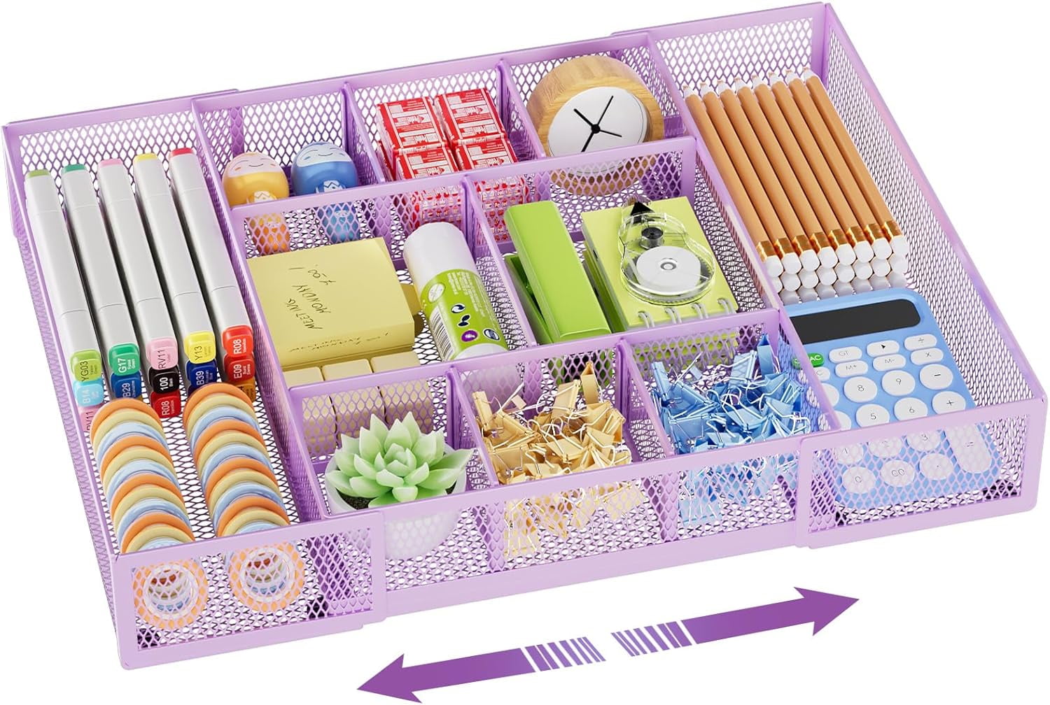 Expandable Desk Drawer Organizer, Mesh Drawer Organizer Tray with 10 Adjustable Compartments, Desk Organizers and Accessories for Office Supplies, Makeup & Vanity (Expandable-Purple 2 pack)
