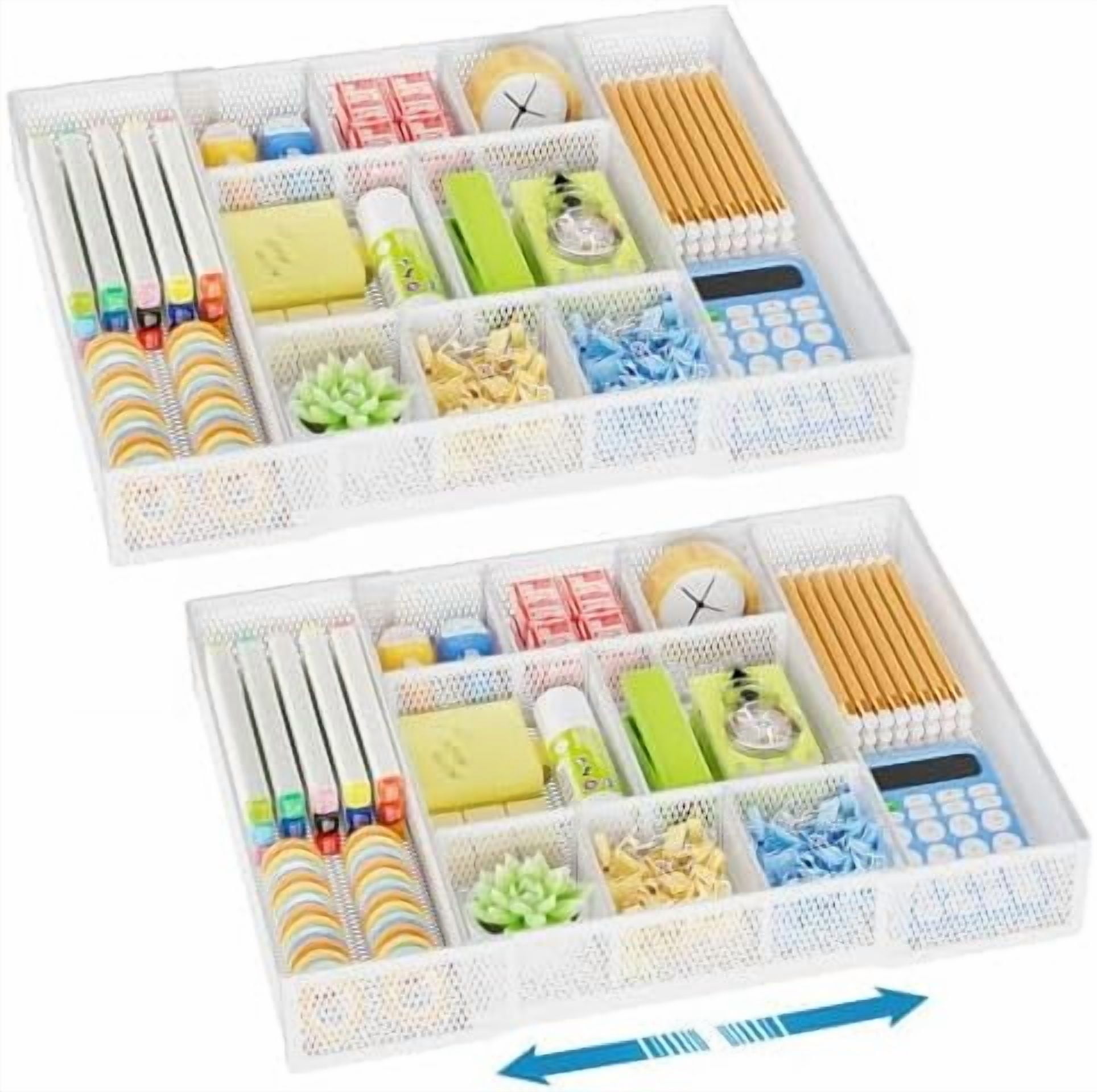 Expandable Desk Drawer Organizer, Mesh Drawer Organizer Tray with 10 Adjustable Compartments, Desk Organizers and Accessories for Office Supplies, Makeup & Vanity (Expandable White-2 pack)
