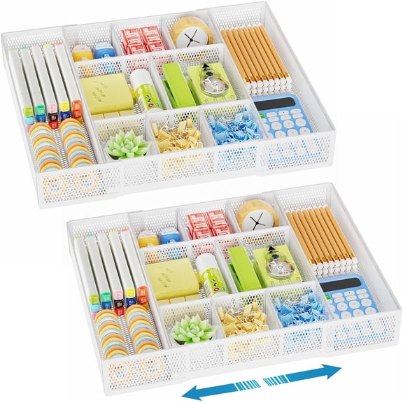 Expandable Desk Drawer Organizer, Mesh Drawer Organizer Tray with 10 Adjustable Compartments, Desk Organizers and Accessories for Office Supplies, Makeup & Vanity (Expandable White-2 pack)