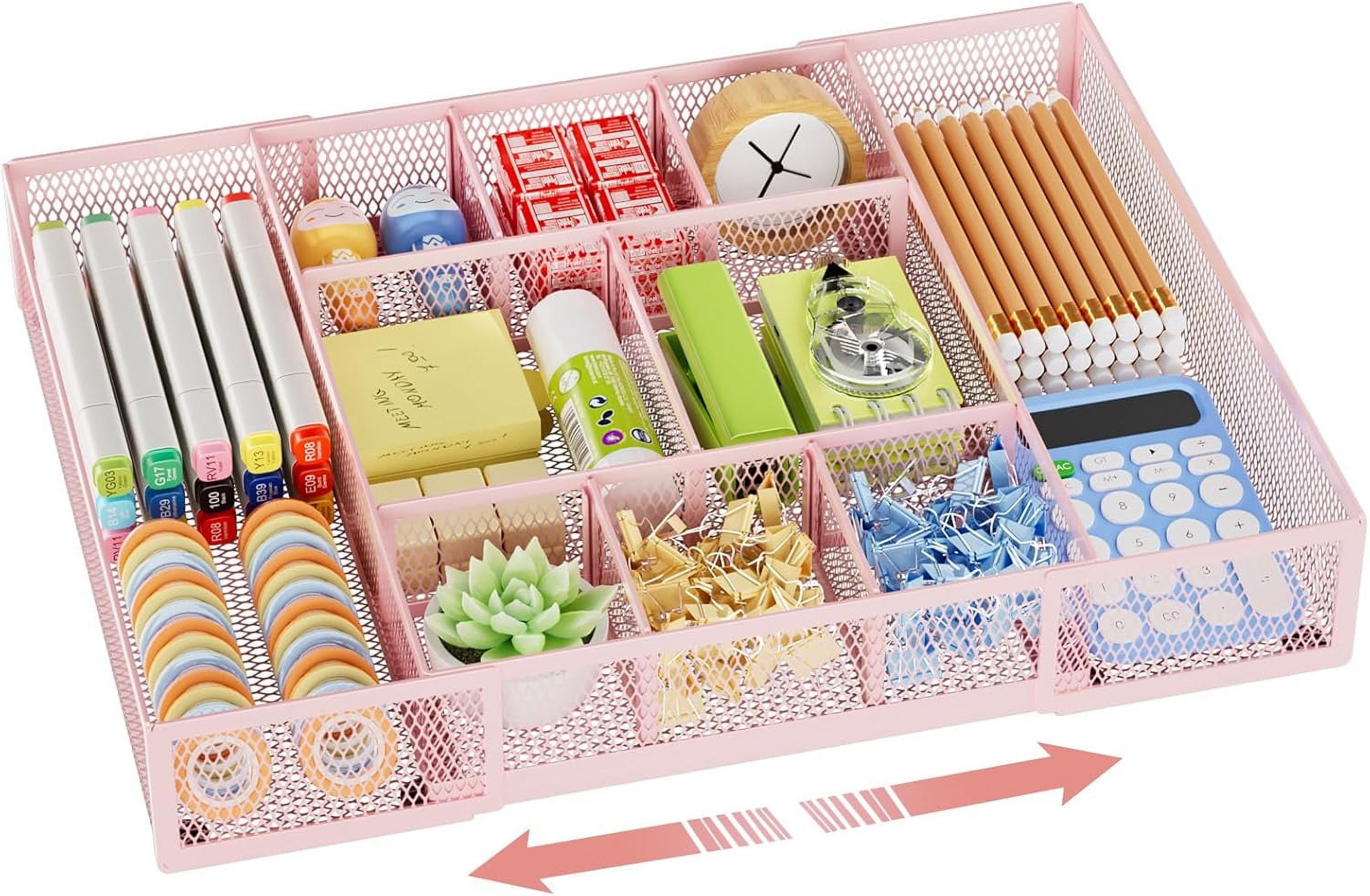 Expandable Desk Drawer Organizer, Mesh Tray with 10 Adjustable Compartments, Desk Organizers for Office Supplies, Makeup & Vanity (Expandable-Pink 2pack)