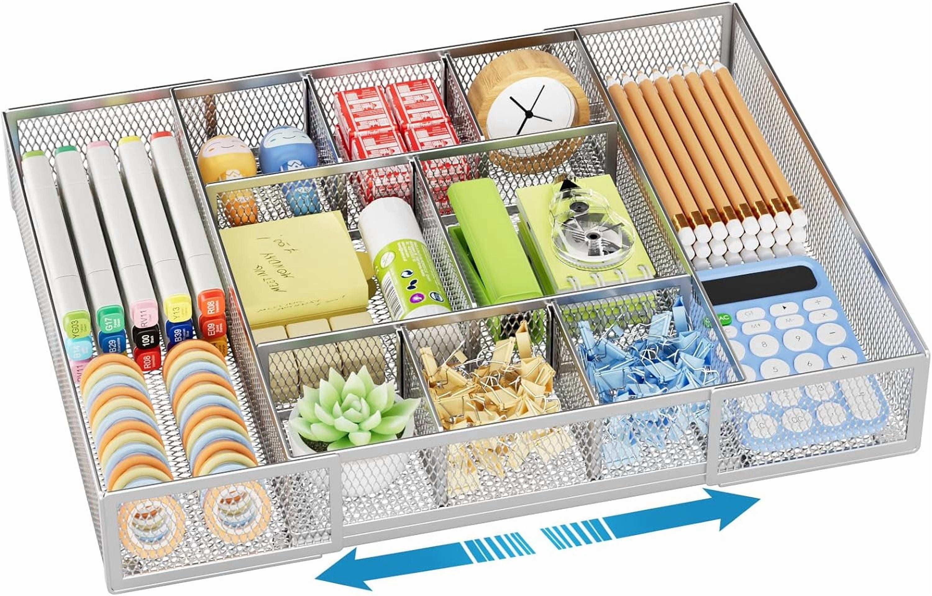 Expandable Desk Drawer Organizer, Mesh Tray with 10 Adjustable Compartments, Desk Organizers for Office Supplies, Makeup & Vanity (Expandable-Silver 2pack)