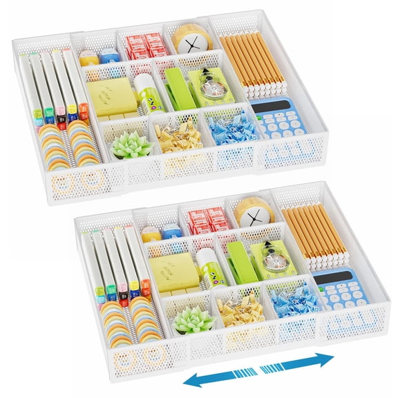 Expandable Desk Drawer Organizer Mesh Tray With 10 Adjustable Compartments Organizers And Accessories For Office Supplies Makeup & Vanity (expandable White-2 Pack)