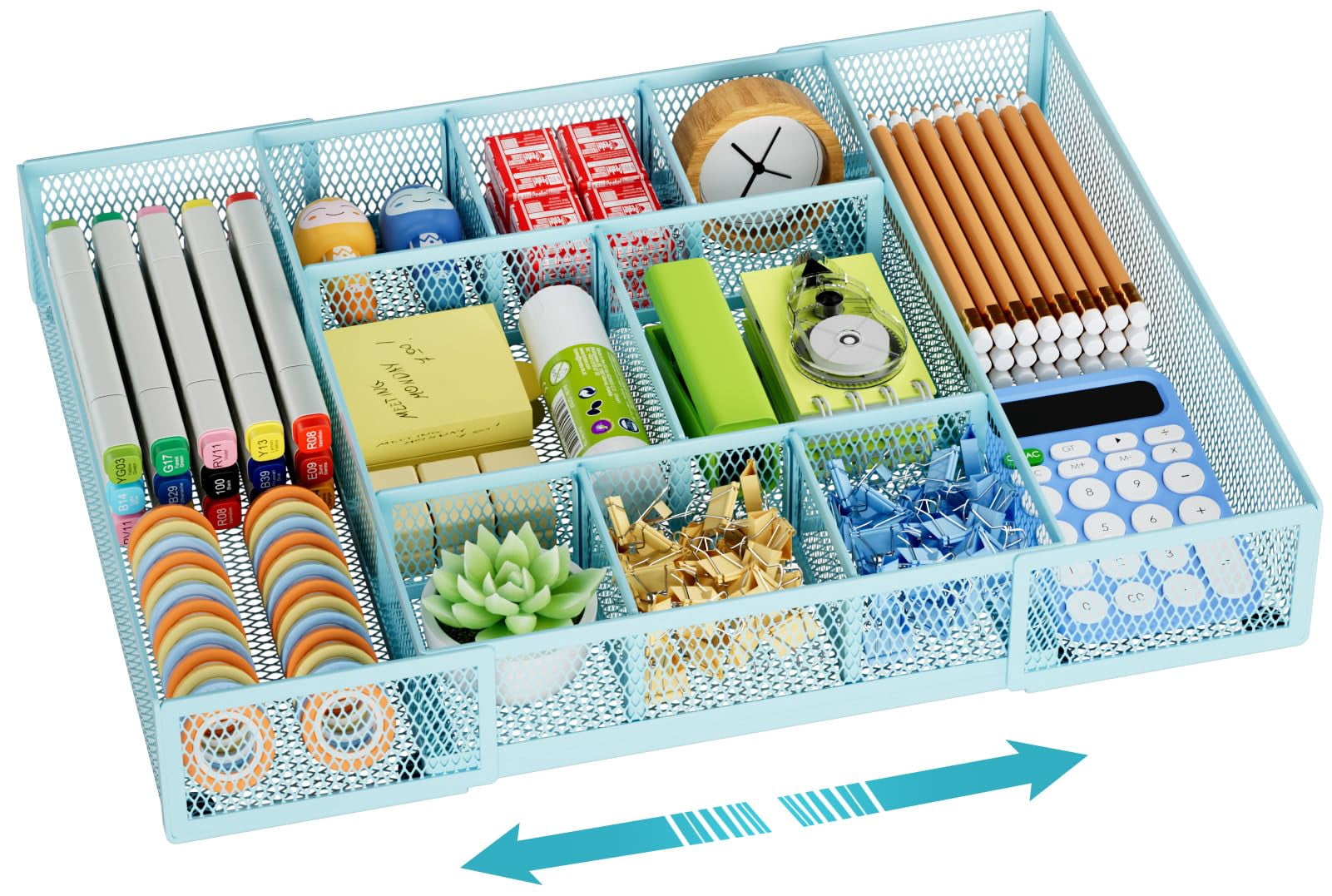 Expandable Desk Drawer Organizer  Mesh Tray With 10 Adjustable Compartments Organizers And Accessories For Office Supplies Makeup & Vanity (expandable-blue)