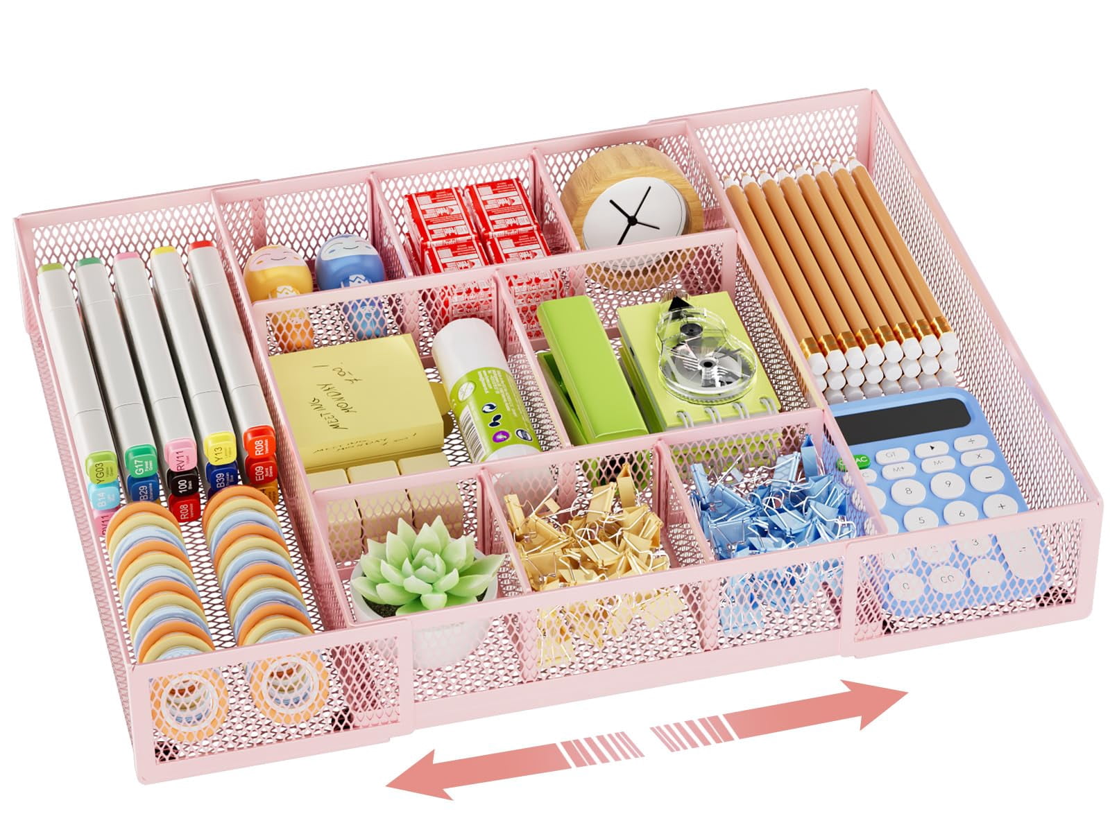 Expandable Desk Drawer Organizer  Mesh Tray With 10 Adjustable Compartments Organizers For Office Supplies Makeup & Vanity (expandable-pink)