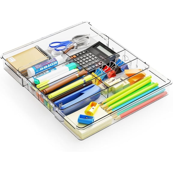 Expandable Desk Drawer Organizer Tray,1.8 Inch High Junk Drawer Organizer for Kitchen,Clear Shallow Office Drawer Organizers With 10 Compartments for Pencil,Pen,Office Supplies and Accessories