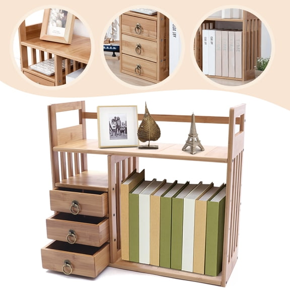 Expandable Desktop Organizer Tabletop Bookcase Small Bamboo Desk Bookshelf Used for Living Rooms, Bedrooms, Offices, Dormitories, etc.
