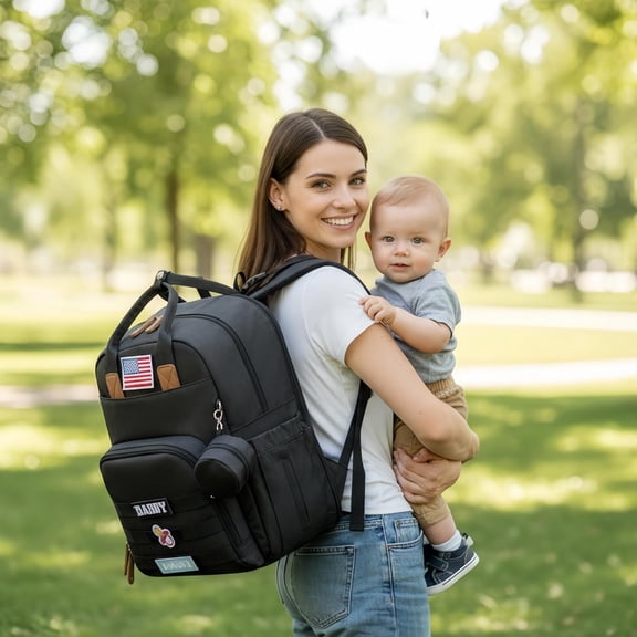 Expandable Diaper Bag Backpack for Dad and Mom  Large Capacity Baby Diaper Bag with Premium Leather, Changing Pad, Insulated Bottle Pockets, Stroller Straps, Laptop Sleeve  Black Travel Diaper Bag