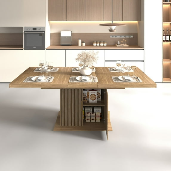 Expandable Dining Table with 2-Tier Storage Shelf, Modern Rectangular Dinner Table for 6-10 people, Wooden Space-Saving Table with Fluted Base and Gold Handles, Brown